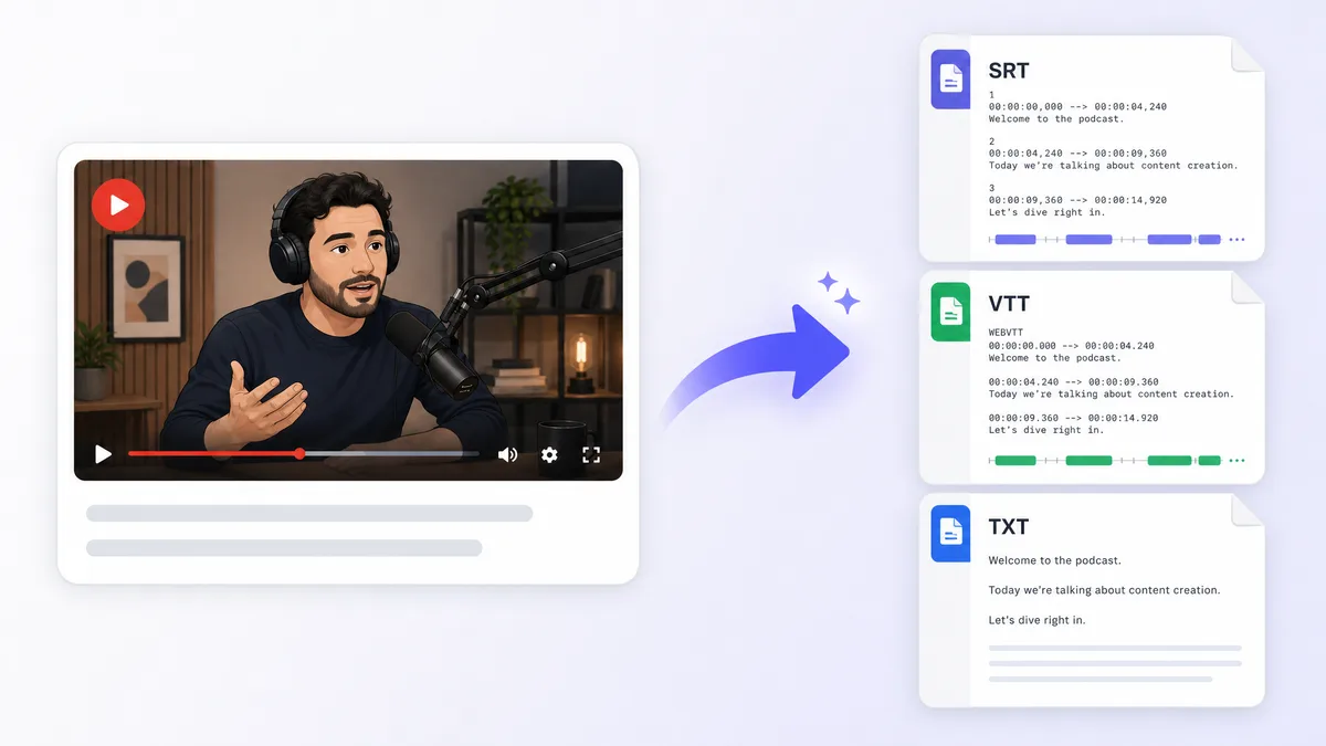 AI Video Subtitle SRT VTT Generator - illustrated workflow preview