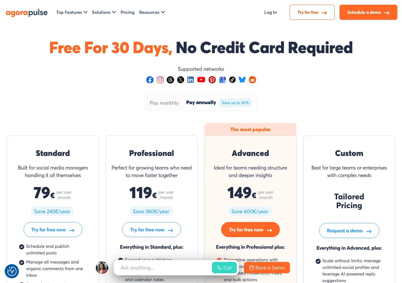 Agorapulse pricing page screenshot for comparison with Postmixr