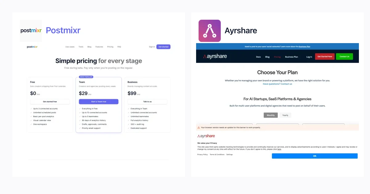 Postmixr vs Ayrshare: pricing screenshots and platform comparison
