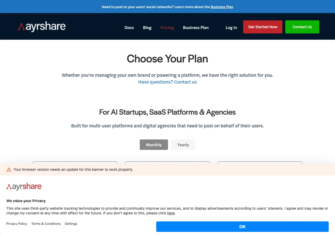 Ayrshare pricing page screenshot for comparison with Postmixr