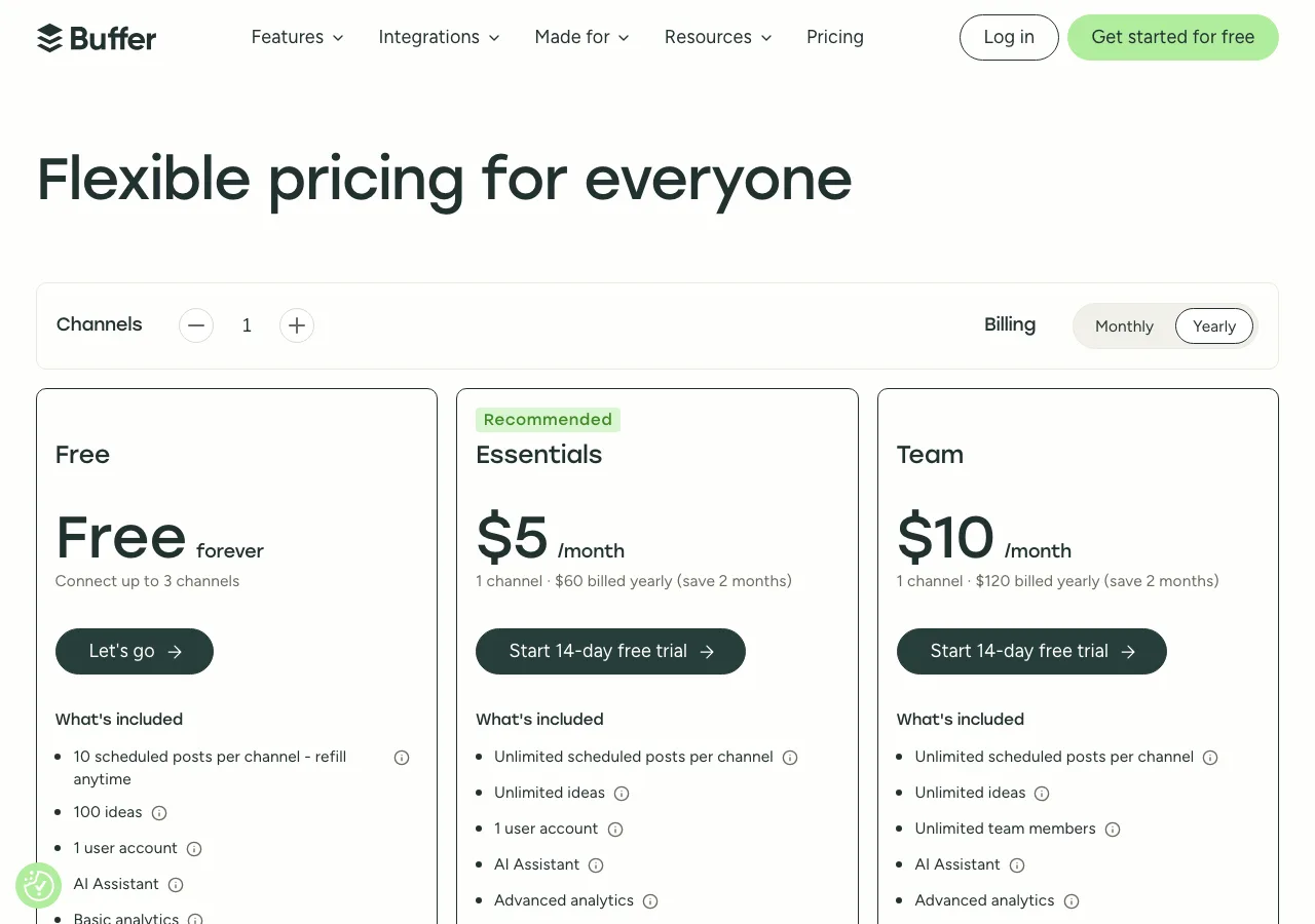 Buffer pricing page screenshot for comparison with Postmixr