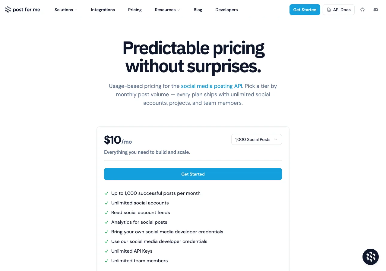 Post for Me pricing page screenshot for comparison with Postmixr