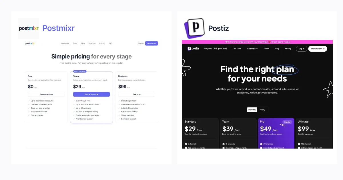 Postmixr vs Postiz: pricing screenshots and platform comparison