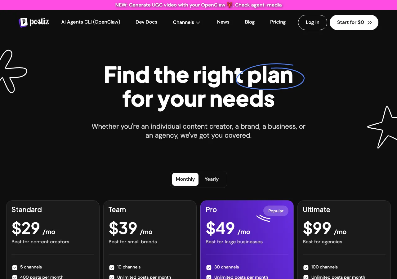 Postiz pricing page screenshot for comparison with Postmixr