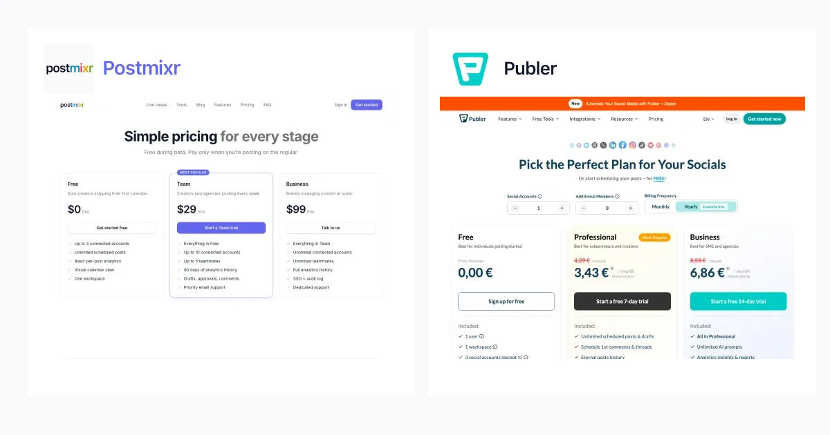 Postmixr vs Publer: pricing screenshots and platform comparison