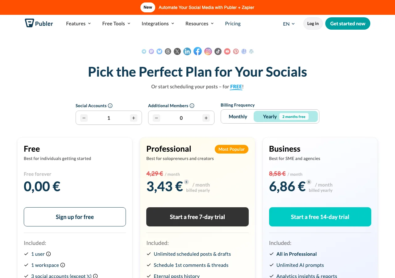 Publer pricing page screenshot for comparison with Postmixr