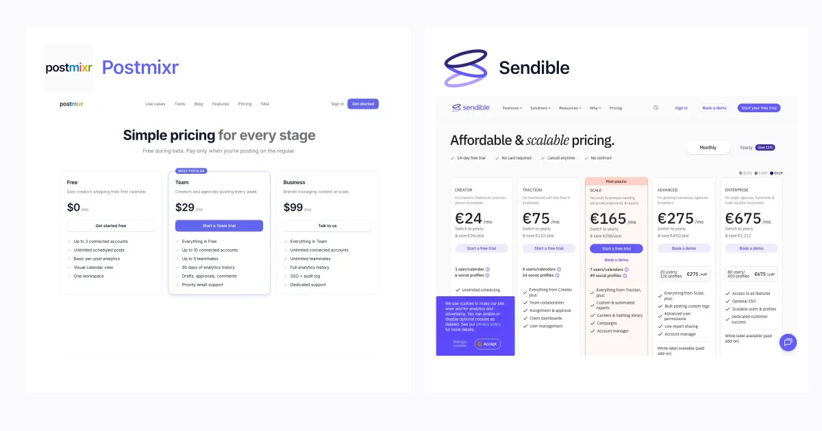 Postmixr vs Sendible: pricing screenshots and platform comparison