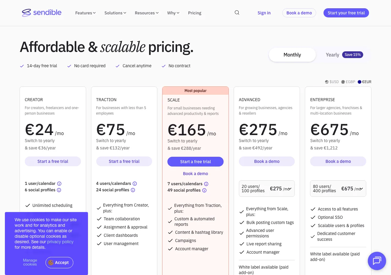 Sendible pricing page screenshot for comparison with Postmixr
