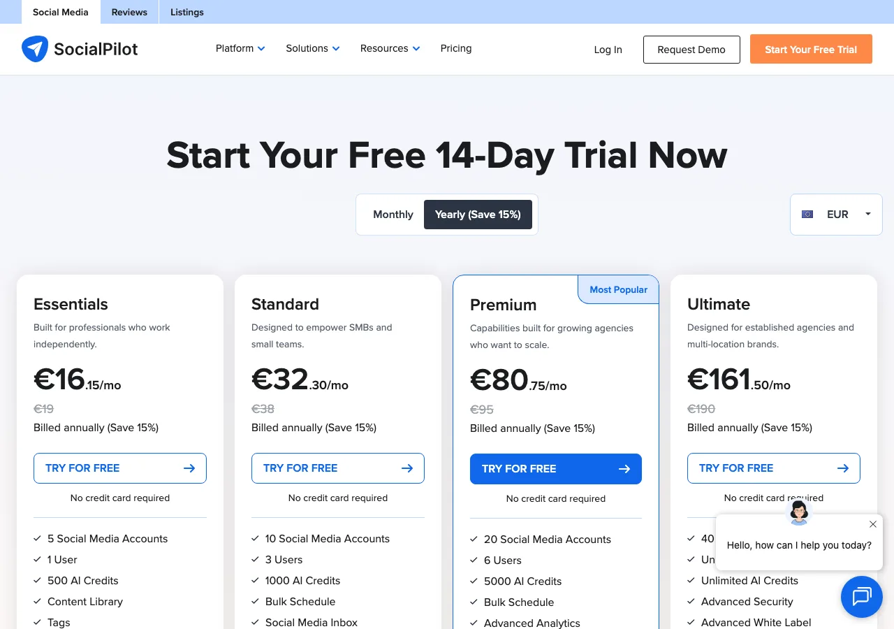 SocialPilot pricing page screenshot for comparison with Postmixr